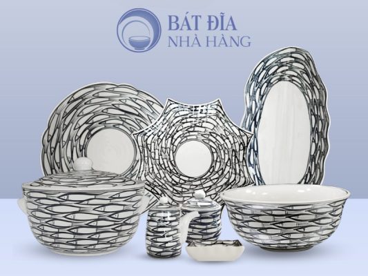 Bộ bát đĩa Men Trắng Vẽ Cá Đàn