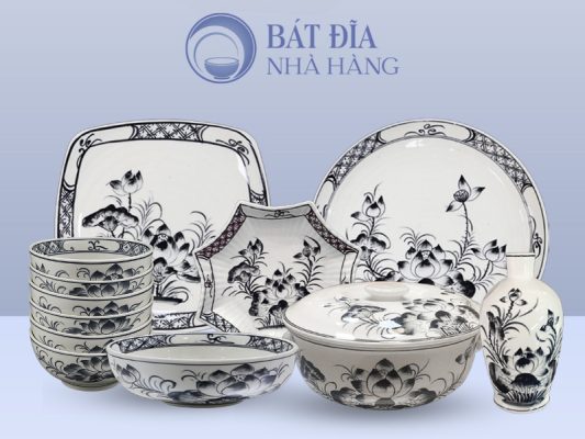 Bộ bát đĩa Men Trắng Vẽ Sen Đen