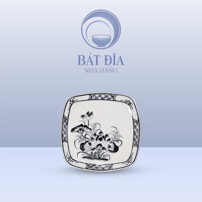 Đĩa Ảo Men Trắng Vẽ Hoa Sen Đen