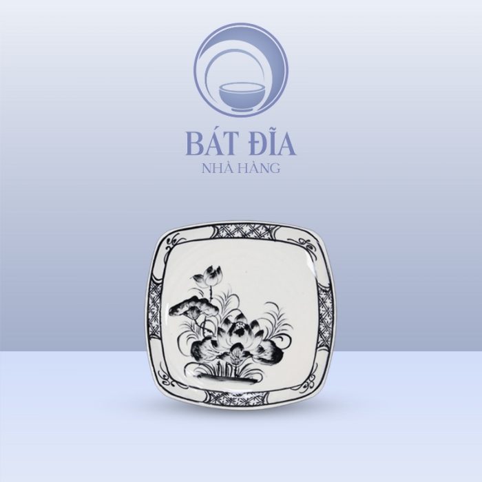 Đĩa Ảo Men Trắng Vẽ Hoa Sen Đen