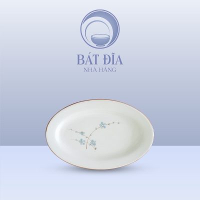 Đĩa Bầu Dục Men Kem Hoa Đào Xanh