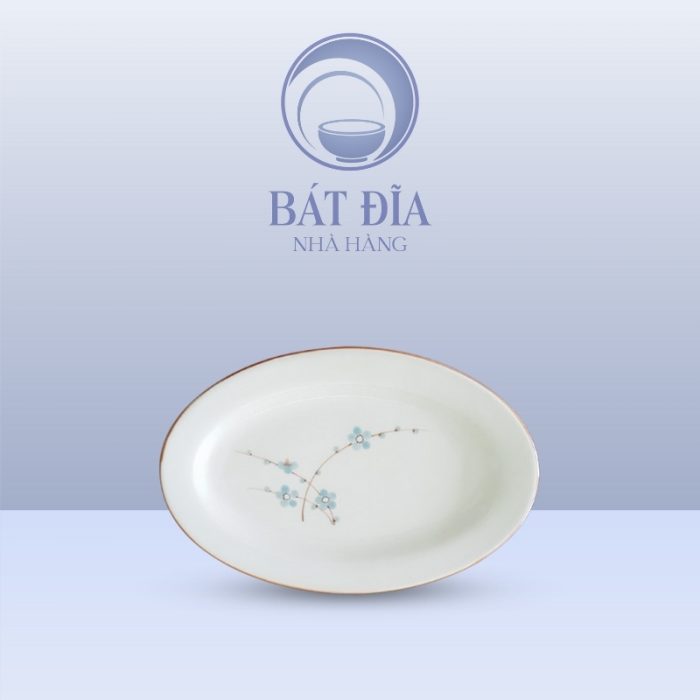 Đĩa Bầu Dục Men Kem Hoa Đào Xanh