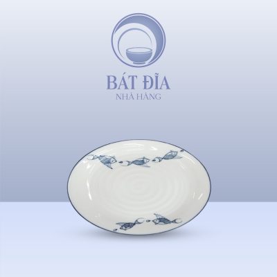Đĩa Bầu Dục Men Kem Vẽ Cá Xanh