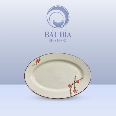 Đĩa Bầu Dục Men Kem Vẽ Đào Đỏ
