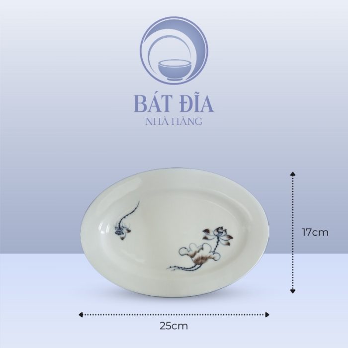 Kích Thước Đĩa Bầu Dục Men Kem Vẽ Sen Nâu