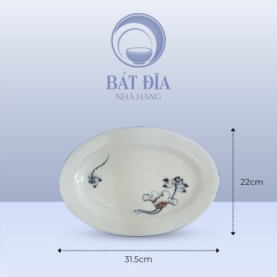 Kích Thước Đĩa Bầu Dục Men Kem Vẽ Sen Nâu