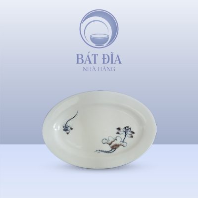 Đĩa Bầu Dục Men Kem Vẽ Sen Nâu