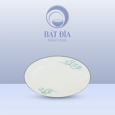 Đĩa Bầu Dục Men Kem Vẽ Sen Xanh