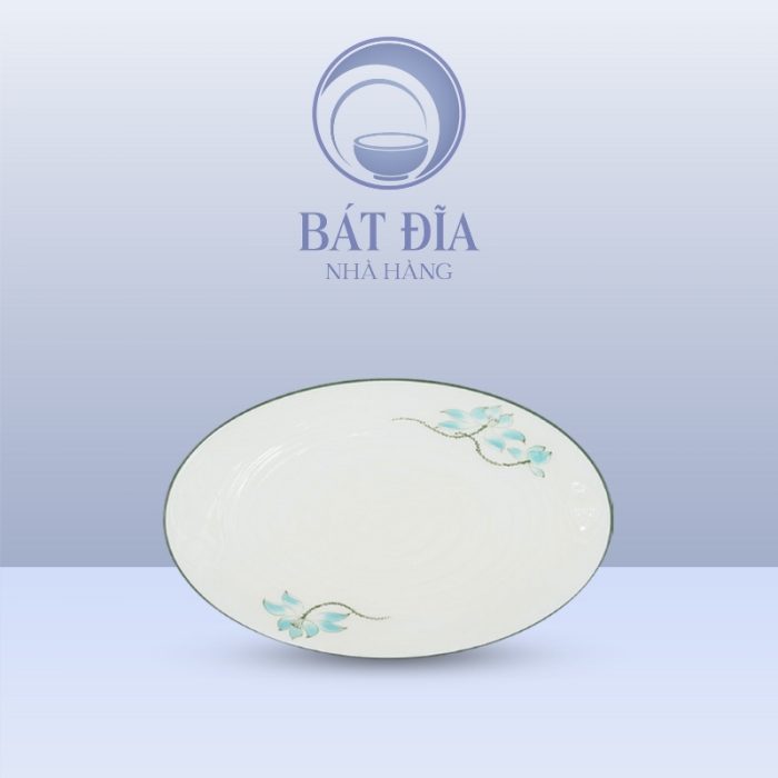 Đĩa Bầu Dục Men Kem Vẽ Sen Xanh