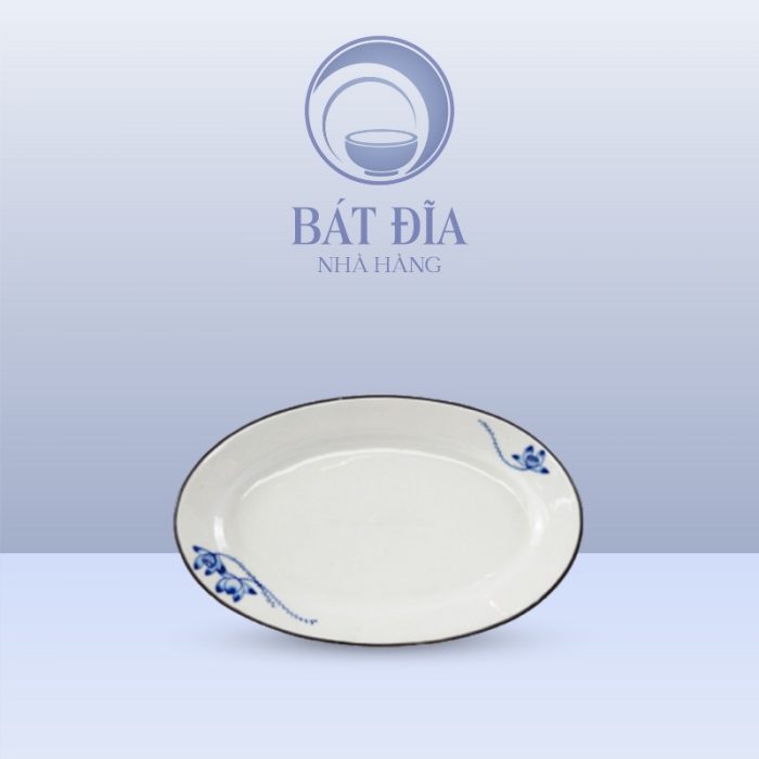 Đĩa Bầu Dục Men Trắng Vẽ Sen Lam