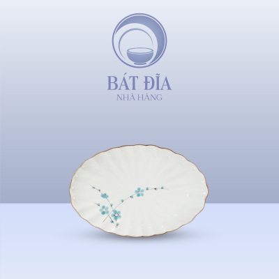 Đĩa Bầu Dục Múi Men Kem Hoa Đào Xanh