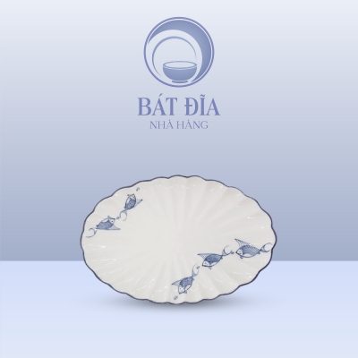 Đĩa Bầu Dục Múi Men Kem Vẽ Cá Xanh