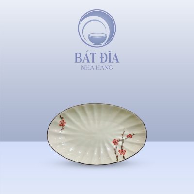 Đĩa Bầu Dục Múi Men Kem Vẽ Đào Đỏ