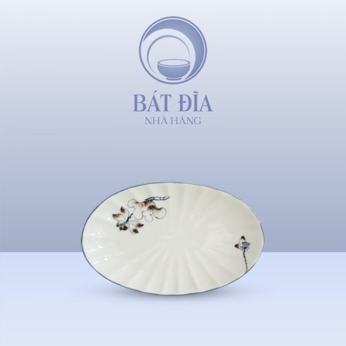 Đĩa Bầu Dục Múi Men Kem Vẽ Sen Nâu