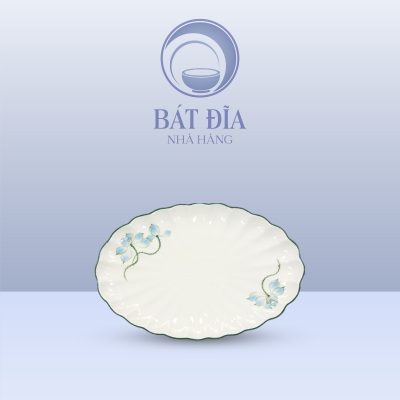 Đĩa Bầu Dục Múi Men Kem Vẽ Sen Xanh