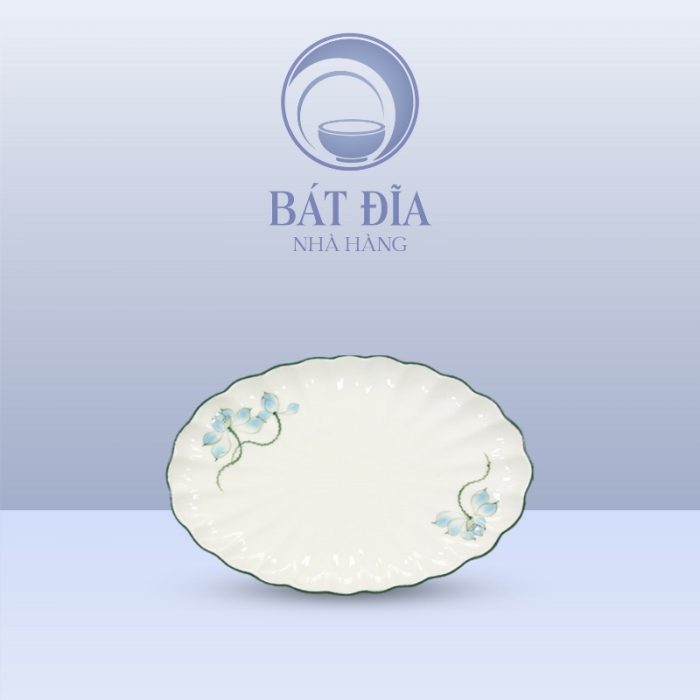 Đĩa Bầu Dục Múi Men Kem Vẽ Sen Xanh