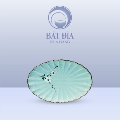 Đĩa Bầu Dục Múi Men Lam Hoa Đào Trắng