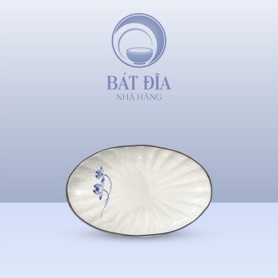 Đĩa Bầu Múi Men Trắng Vẽ Sen Lam