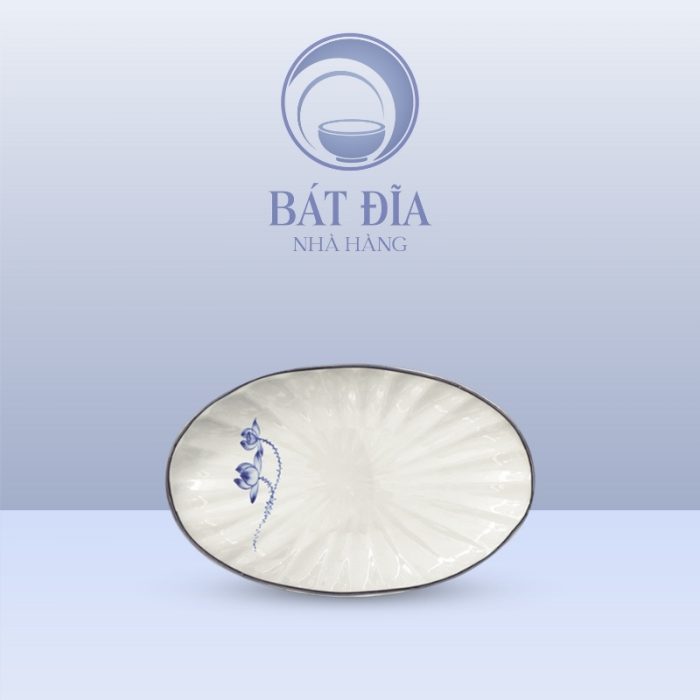 Đĩa Bầu Múi Men Trắng Vẽ Sen Lam