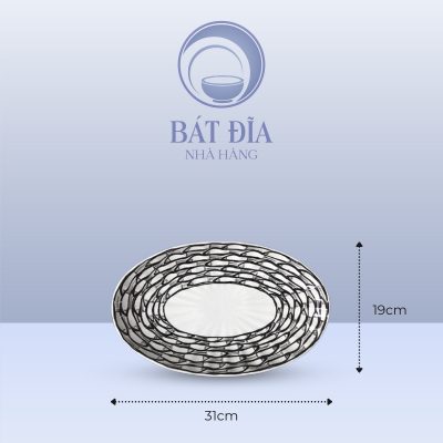 Đĩa Bầu Dục Múi Men Trắng Vẽ Cá Đàn