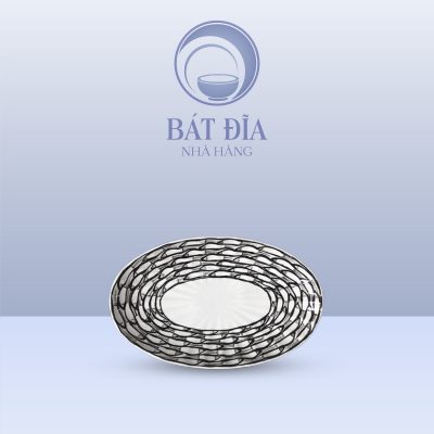 Đĩa Bầu Dục Múi Men Trắng Vẽ Cá Đàn