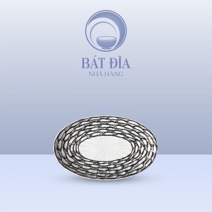 Đĩa Bầu Dục Múi Men Trắng Vẽ Cá Đàn