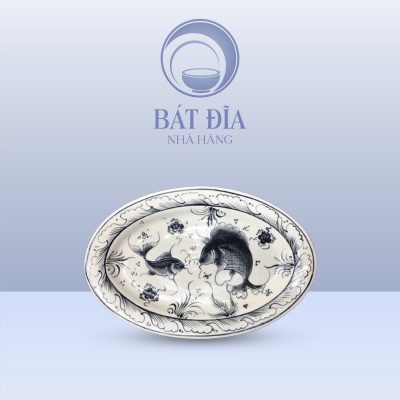 Đĩa Bầu Dục Men Nâu Cá Chép