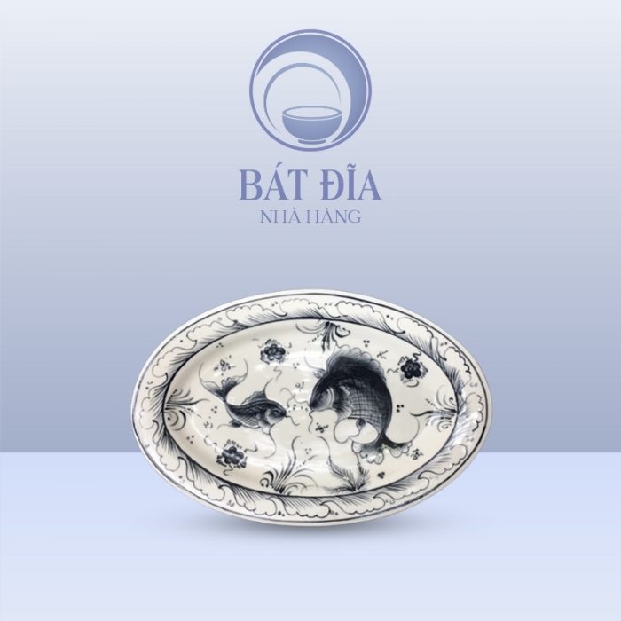 Đĩa Bầu Dục Men Nâu Cá Chép
