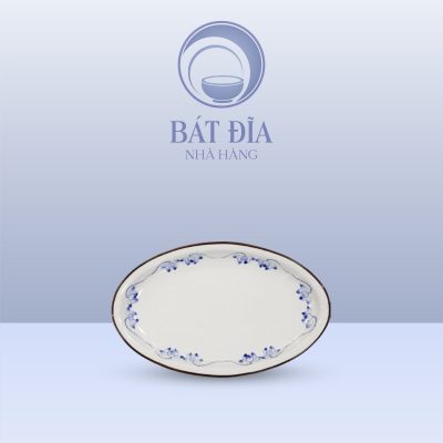Đĩa Bầu Dục Sâu Lòng Men Trắng Vẽ Sen Lam