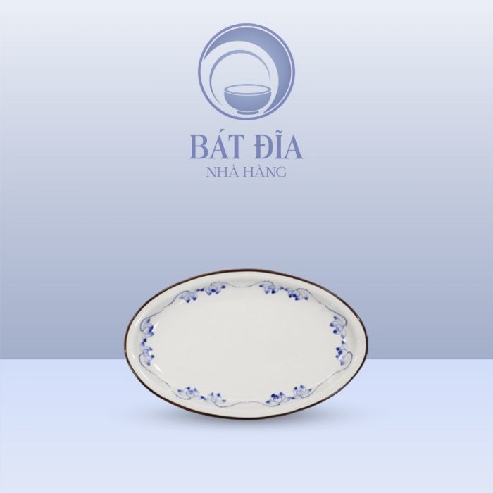 Đĩa Bầu Dục Sâu Lòng Men Trắng Vẽ Sen Lam