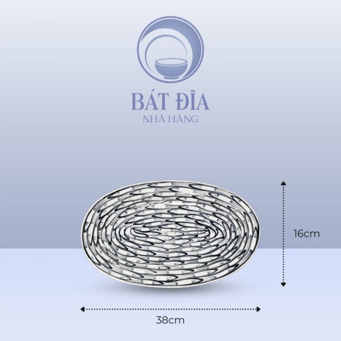 Đĩa Bầu Dục Men Trắng Vẽ Cá Đàn