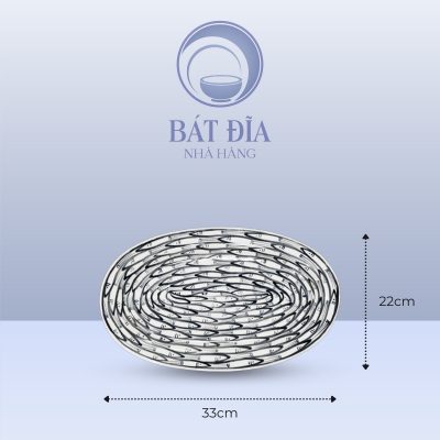 Đĩa Bầu Dục Men Trắng Vẽ Cá Đàn