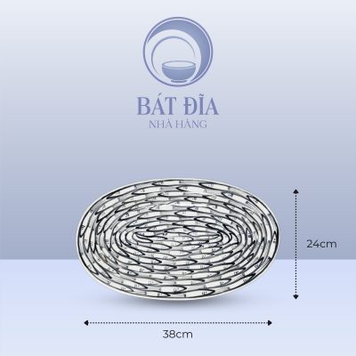 Đĩa Bầu Dục Men Trắng Vẽ Cá Đàn