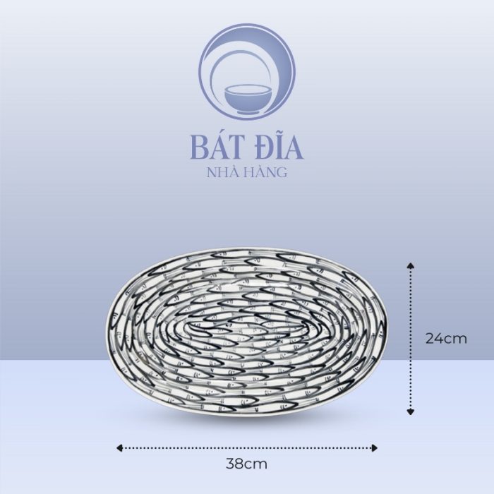 Đĩa Bầu Dục Men Trắng Vẽ Cá Đàn