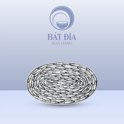 Đĩa Bầu Dục Men Trắng Vẽ Cá Đàn