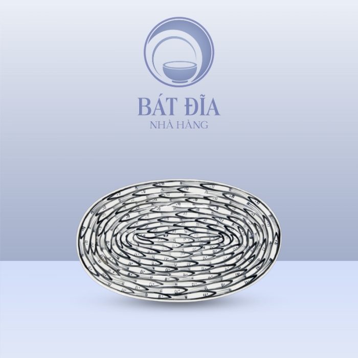 Đĩa Bầu Dục Men Trắng Vẽ Cá Đàn