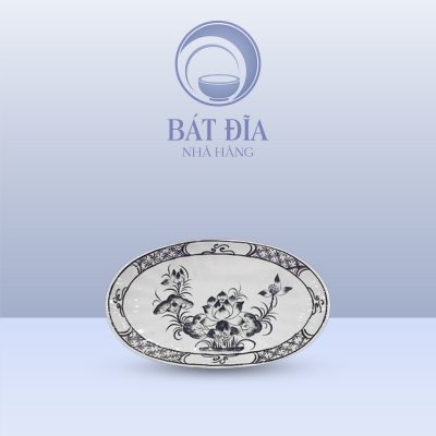 Đĩa Bầu Dục Men Trắng Vẽ Hoa Sen Đen