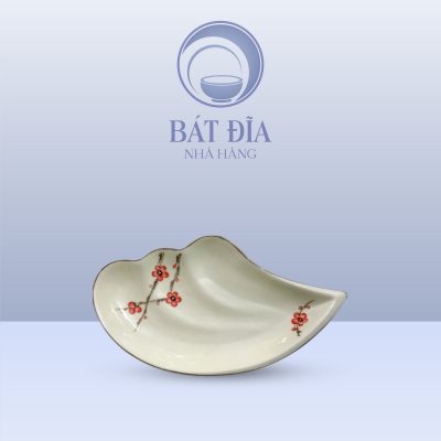 Đĩa Cành Tiên Men Kem Vẽ Đào Đỏ