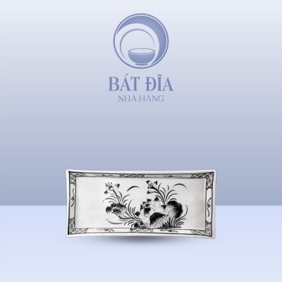 Đĩa Chữ Nhật Cao Thành Men Trắng Vẽ Hoa Sen Đen