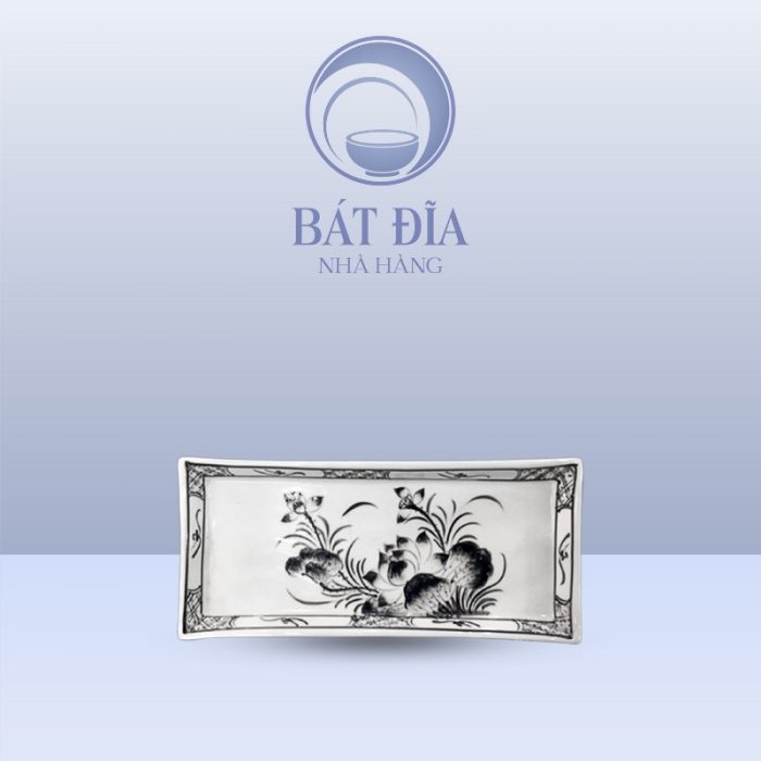 Đĩa Chữ Nhật Cao Thành Men Trắng Vẽ Hoa Sen Đen