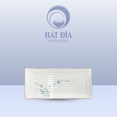 Đĩa Chữ Nhật Dài Men Kem Hoa Đào Xanh