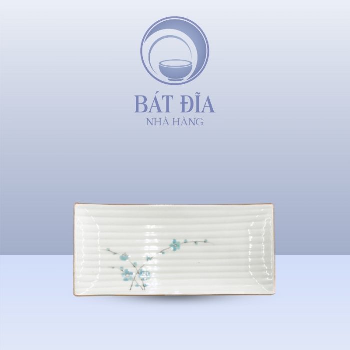 Đĩa Chữ Nhật Dài Men Kem Hoa Đào Xanh