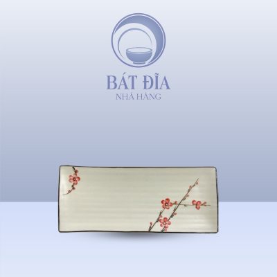 Đĩa Chữ Nhật Dài Men Kem Vẽ Đào Đỏ