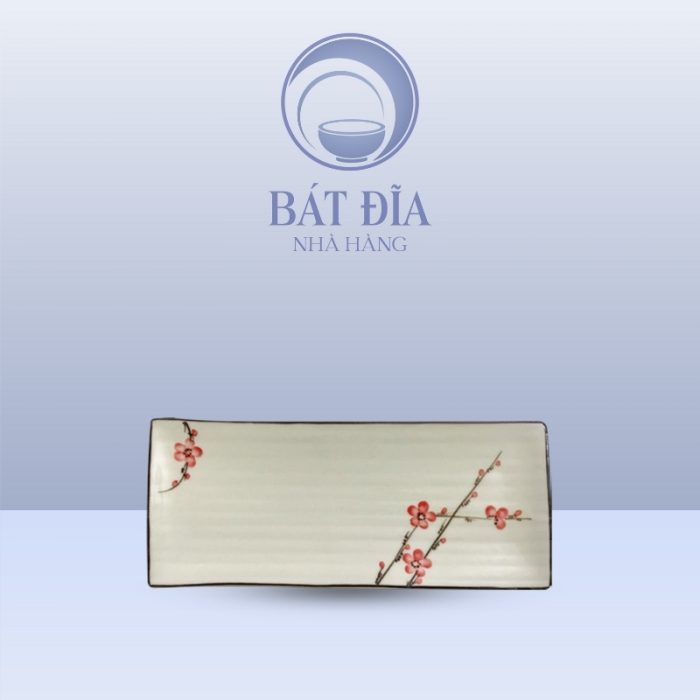 Đĩa Chữ Nhật Dài Men Kem Vẽ Đào Đỏ