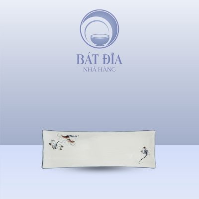 Đĩa Chữ Nhật Dài Men Kem Vẽ Sen Nâu
