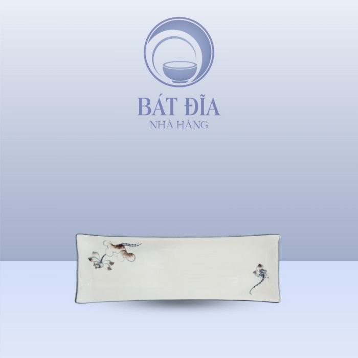 Đĩa Chữ Nhật Dài Men Kem Vẽ Sen Nâu