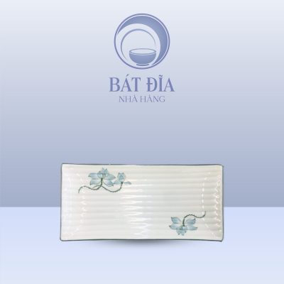 Đĩa Chữ Nhật Dài Men Kem Vẽ Sen Xanh