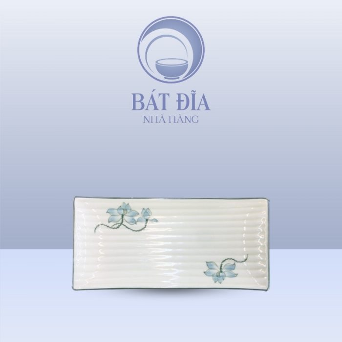 Đĩa Chữ Nhật Dài Men Kem Vẽ Sen Xanh
