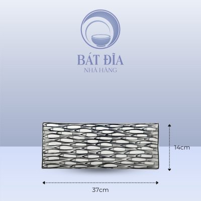 Đĩa Chữ Nhật Dài Men Trắng Vẽ Cá Đàn