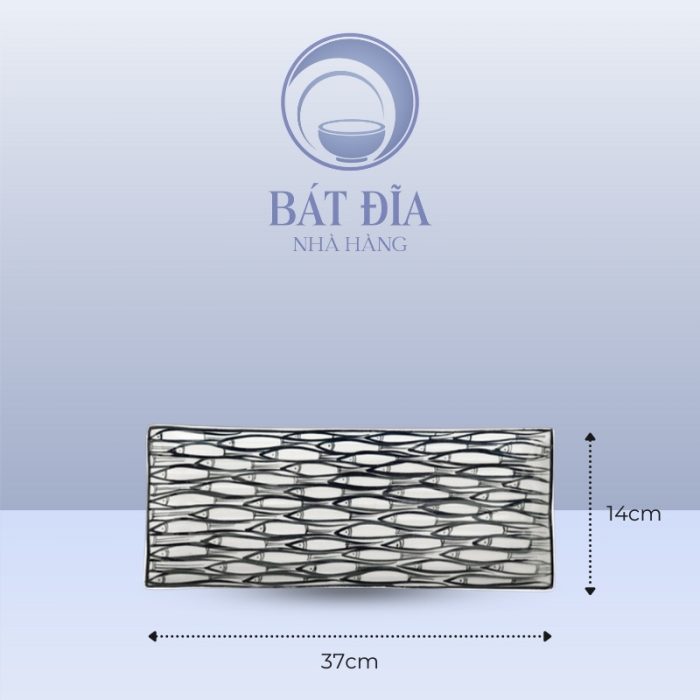 Đĩa Chữ Nhật Dài Men Trắng Vẽ Cá Đàn